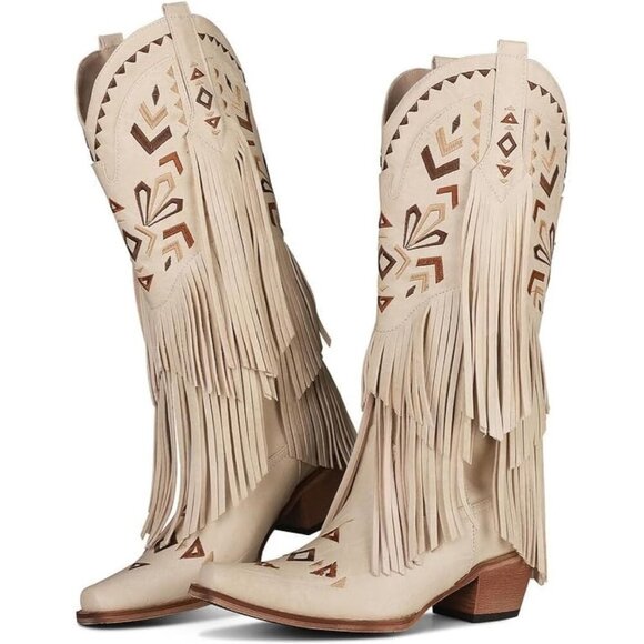 Women's Tan Cowgirl Boots Knee High Fringe Boots Comfortable Comfy Foot heel